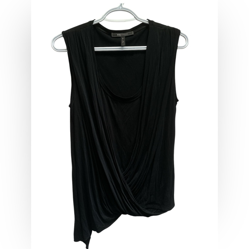 BCBGMAXAZRIA Asymmetrical Draped, 100% Modal sleeveless black blouse size S